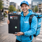 Iloinen Wolt-kuljettaja pitää kädessään uutta 30 Ah akkua.